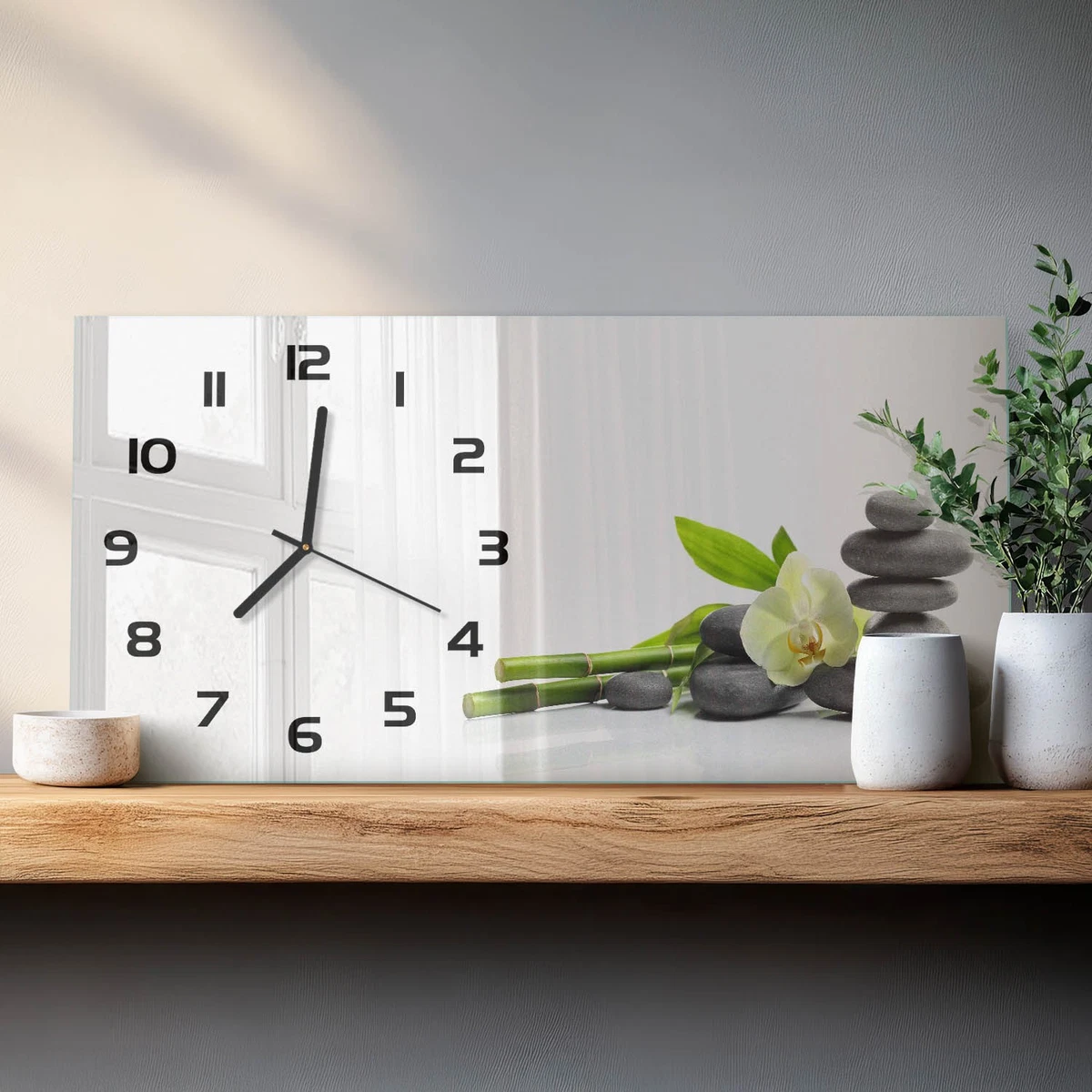 Reloj de Pared Rectangular Horizontal Vidrio Templado Premium Orquídea 60x30 cm