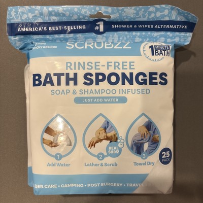 New Scrubzz Rinse Free Soap & Shampoo Infused Disposable Bath Sponges  25 Pack