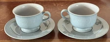 1999 Pair of Mikasa Chromatic China Pacific Blue Cups & Saucers Green Dots