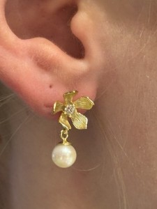 Authentic Stunning Gold Plated Flower Cz Center Repurposed MIKIMOTO Pearl Earring