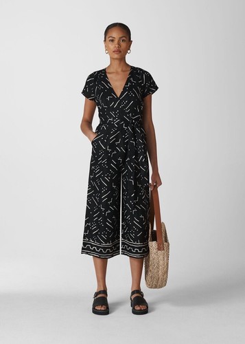 Whistles Kuba Print Etta Linen Jumpsuit UK 12 Black White RRP 169 Wrap Tie Waist - Picture 2 of 12