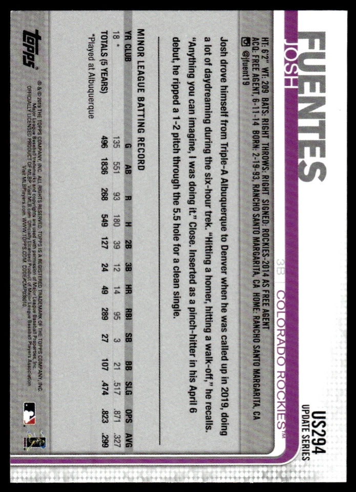 2019 Topps Update Josh Fuentes Rookie Colorado Rockies #US294 R5 - Image 2 of 2