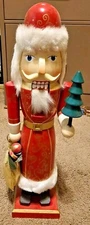 Vintage 14" Wood Santa NUT CRACKER, Red Coat w/gold design-Christmas Bag &Tree  