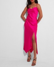 NEW EXPRESS $108 NEON BERRY SATIN COWL NECK ASYMMETRICAL HEM MAXI SLIP DRESS XL