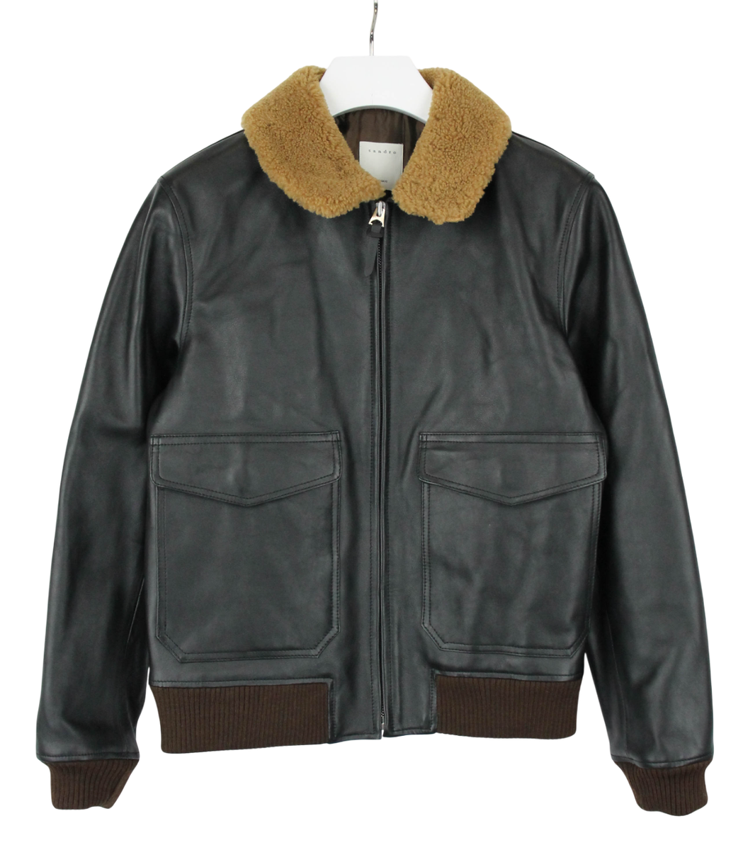 SANDRO Jacket Men's XL Full Zip Leather Sherpa Collar Lined Padded