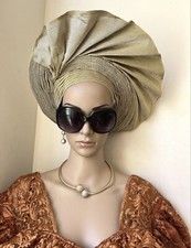 Gold Aso Oke Auto Gele, African Headgears, Mercury Auto Gele, Autogele