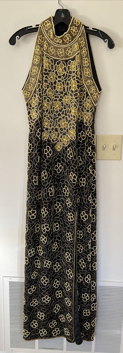 Adrianna Papell Sz 6 Halter Neck Black & Gold Beaded & Pearl Gown Dress - Silk Adrianna Papell Sz 6 Halter Neck Black & Gold Beaded & Pearl Gown Dress - Silk
