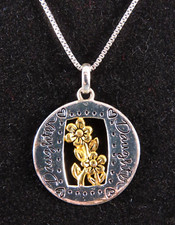 STERLING SILVER 17" Chain Necklace TW0-TONE "DAUGHTER" PENDANT Gold Flowers LOVE