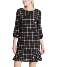 CHAPS Ralph Lauren Chiffon Dress Lined Black & Cream Plaid Womens Size 16 $110