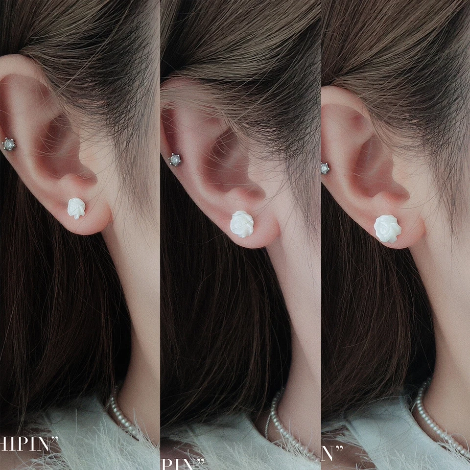 6/8/10mm 925 Sterling Silver Mother of Pearl Rose Flower Stud Earrings Gift - Image 4 of 4