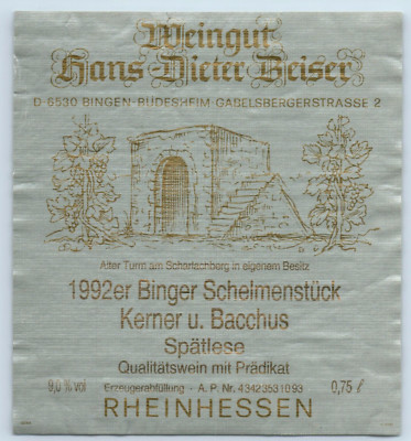 1992 Rheinhessen Hans-Dieter Beiser Riesling Label Vintage Original S6E