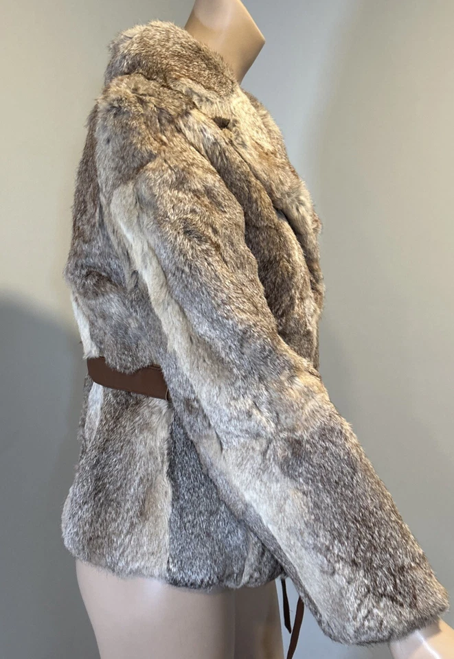Chaqueta Abrigo De Piel De Conejo Natural Elegida De Colección con Cinturón De Cuero Talla S Foto 4 de 4
