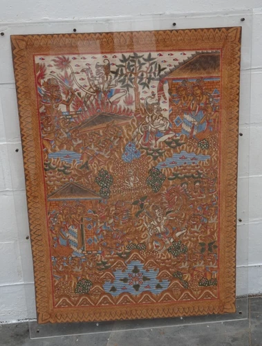 OLD SIGNED MANDALA BALI INDONESIA KAMASAN TERESNA NYONAM HAND PAINTED FRAMED
