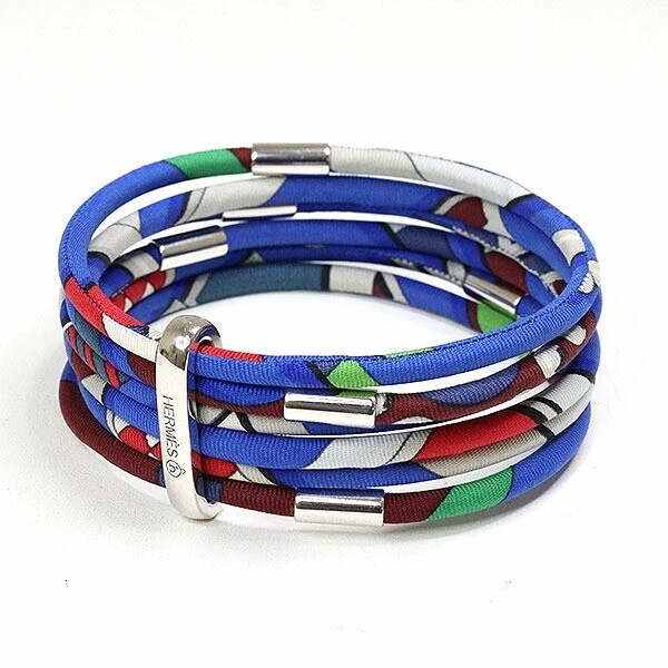 HERMES Petit Ashe Silk Bracelet 6 Row Blue Multicolor silk Twill/Silver 20cm