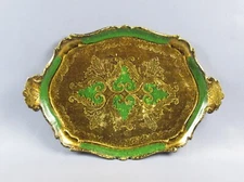 Plateau Bois Vert Or Artisanat Italien Thème Fleurs Vintage Ans ‘70