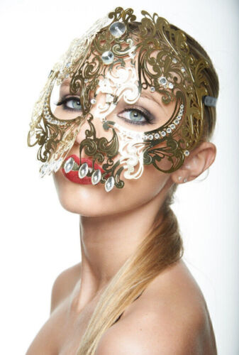 Day of the Dead Gold Schädel venezianische lasergeschnittene Maskerade Maske mit klaren Steinen UK - Bild 1 von 5