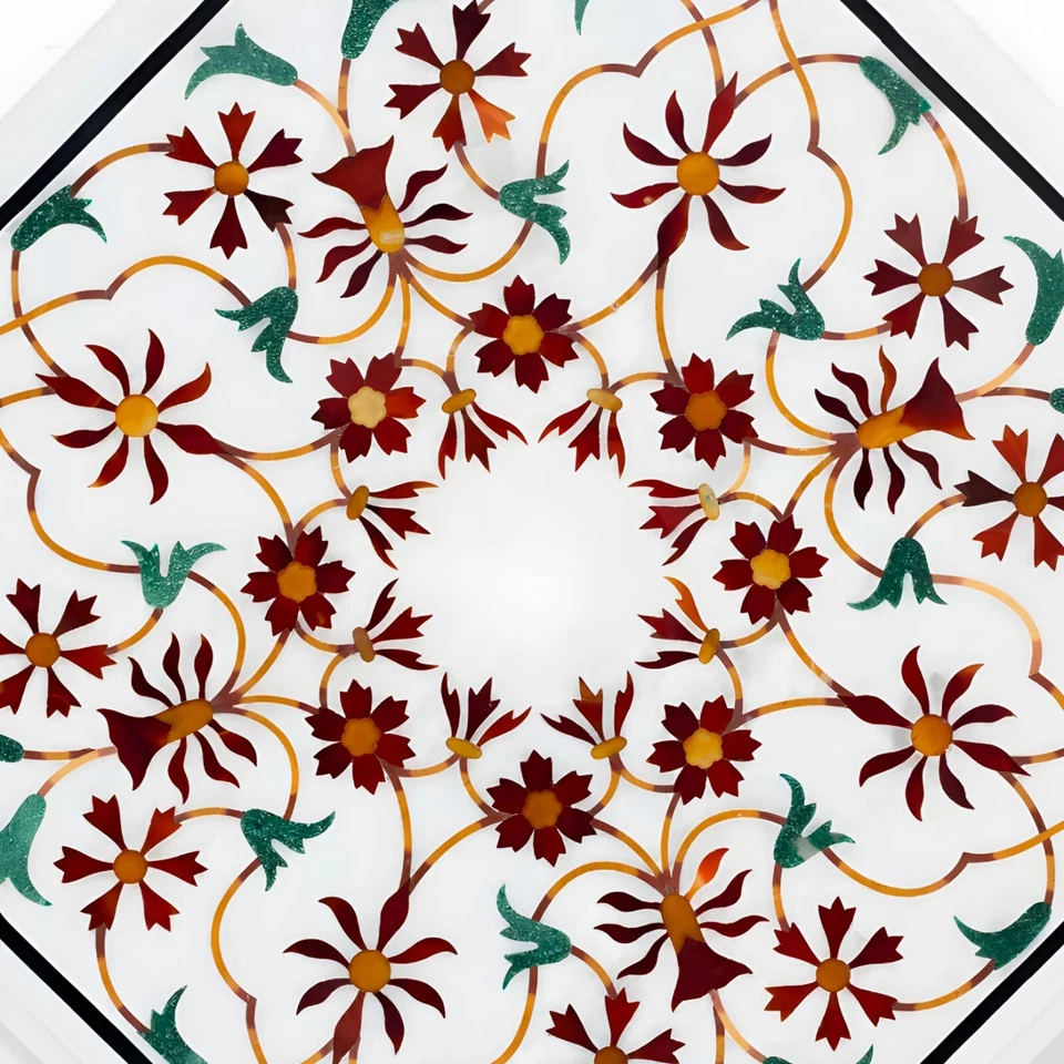 Handmade White Marble Inlay Tabletop 20"x20" – Semi-Precious Stone Design - Image 3 of 4