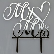 Silver Mr & Mrs Love Heart Acrylic Wedding Day Cake Topper Silhouette