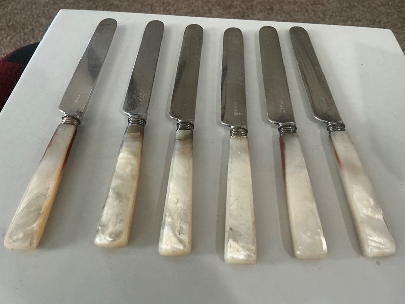12 Antique Sterling & Mother of Pearl Handled Steak Kinves