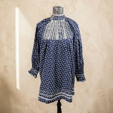 Dôen Romantic Cottagecore Embroidered Bib Floral Beatrice Mini Dress XS Navy