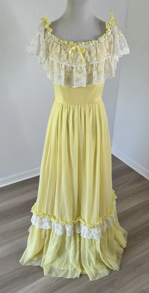 Винтажный 60-х 70-х годов Эми Роуз Калифорния желтый кружева макси платье прерии читать - Изображение 2 из 4