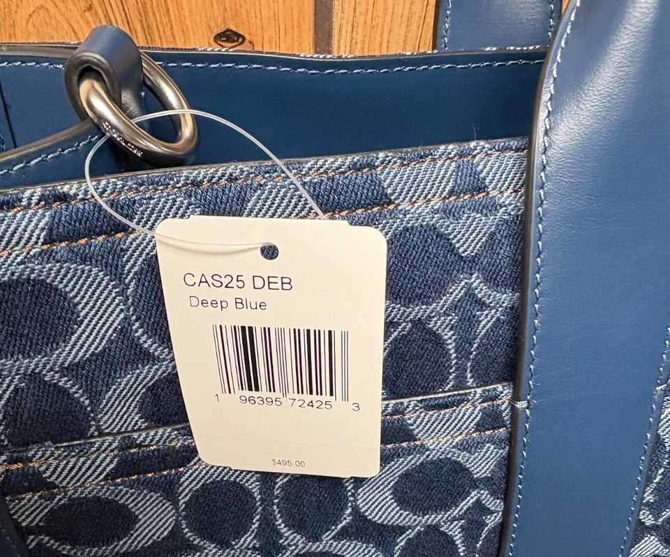 NUEVO NUEVO CON ETIQUETAS BOLSO DE MANO GRANDE DE CUERO VAQUERO AZUL MEDIANOCHE FIRMA COACH Foto 2 de 4