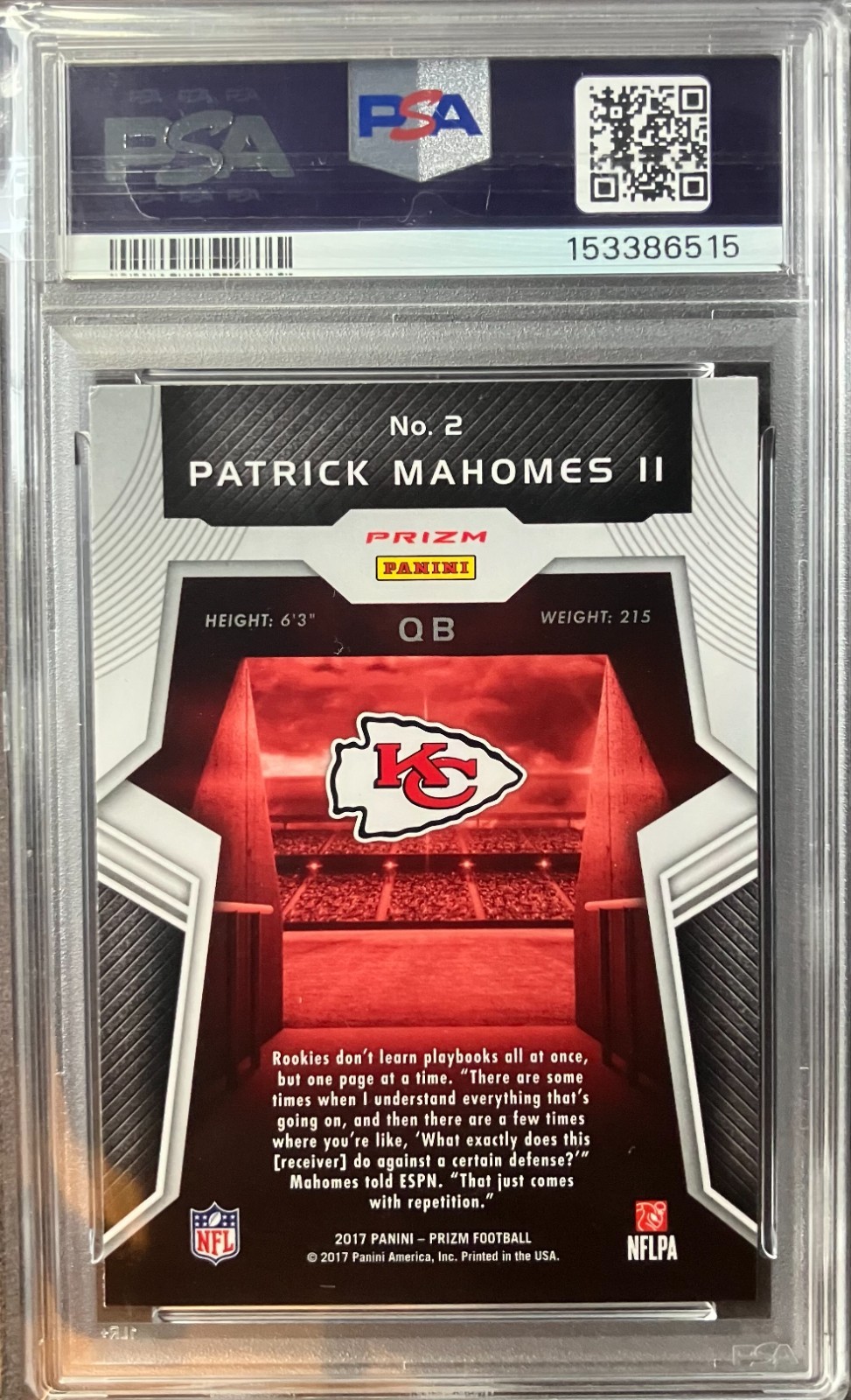 2017 Panini Prizm Patrick Mahomes II Rookie Introductions #2 Card PSA 6 EX-MT view 2