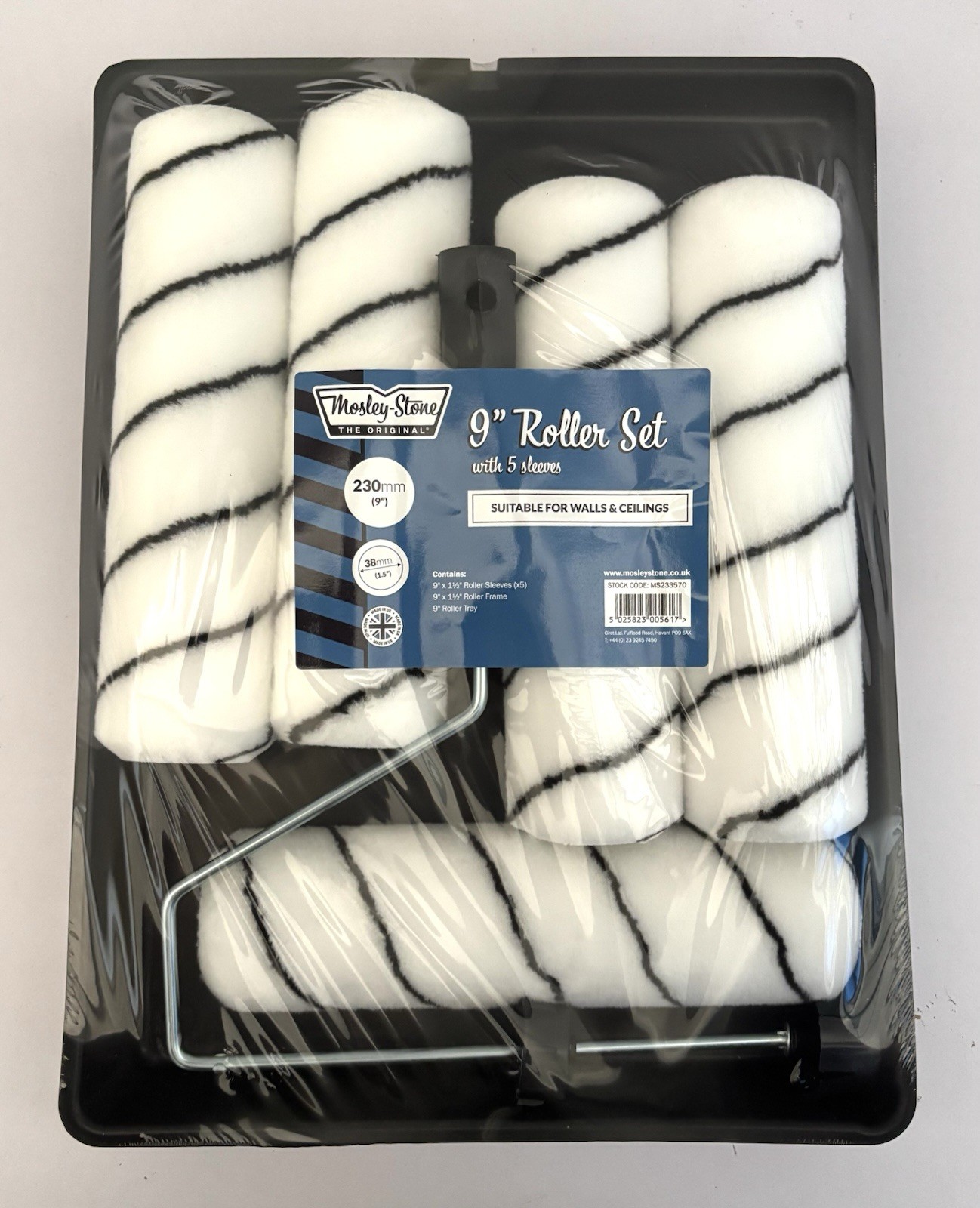 Paint Roller Set 7 Pce 5 Sleeves 9""x1.5"" Medium Pile Moseley Stone British Made