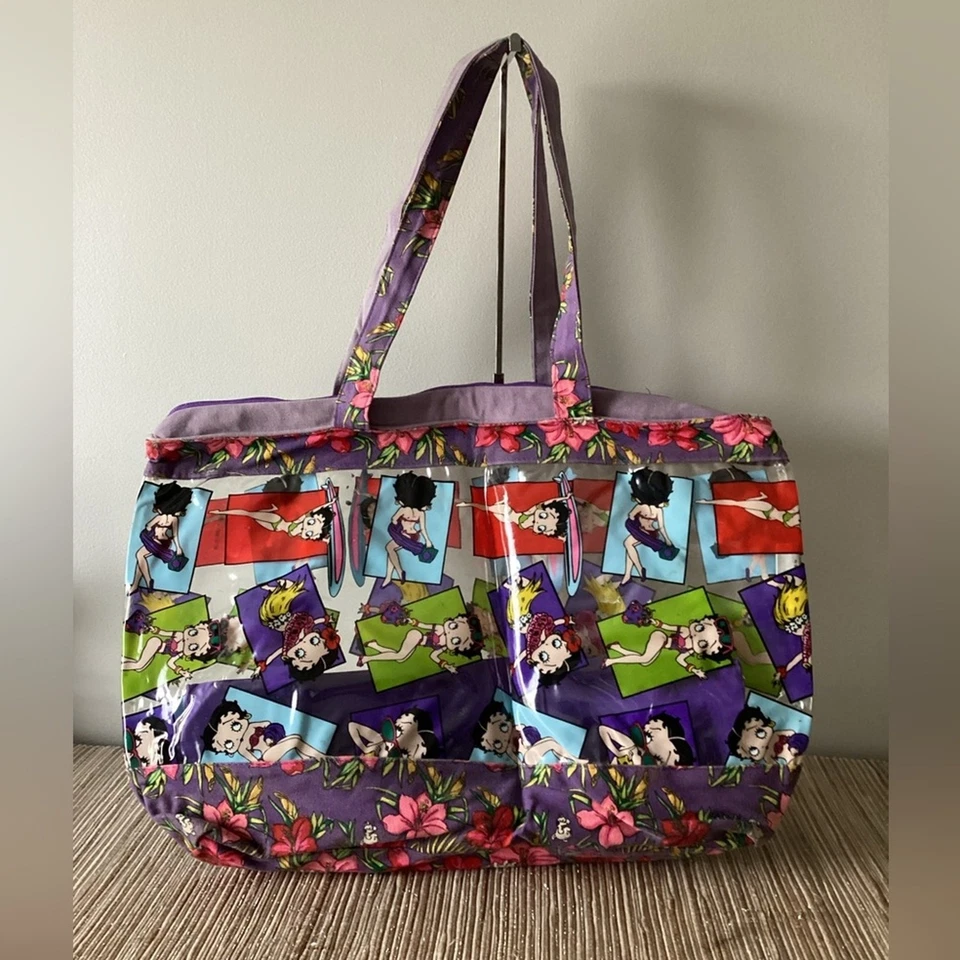 Bolso de Mano Y2K Betty Boop De Colección Años 90 Grande Hawaiano Vinilo Transparente Floral Playa Foto 2 de 4