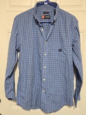 Chaps Mens Size M Long Sleeve Button Up Dress Shirt Blue White Plaid Easy Care