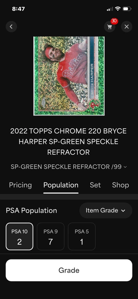 Bryce Harper 2022 Topps Chrome Green Speckle Refractor /99 SP PSA 10 - Image 3 of 3