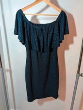 QUIZ Navy Blue Glitter Bardot Dress UK Size 12 Sparkly Bodycon Ruffle Party BNWT