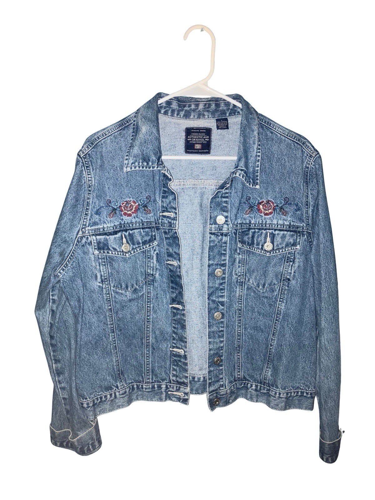 Faded Glory Women's Blue Embroidered Button Jacket w/ Pockets Collared L