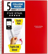 Five Star Spiral Notebook  Study App, 5 Subject, College 8-1/2" X 11" RED