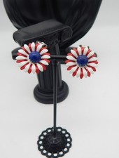 Vintage Mod 60s Daisy Clip On Earrings Patriotic Nautical Enamel Red White Blue