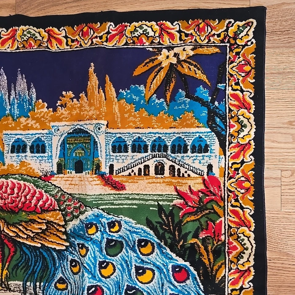 Vtg Wall Hanging Tapestry Double Peacocks Color Cotton Velvet Turkey 38 x 60 in - Image 4 of 4