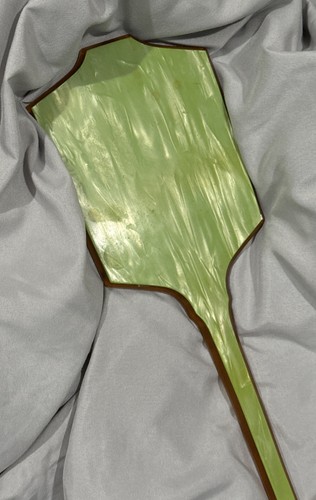 Vintage Hand Mirror, Bakelite Celluloid Art Deco Vanity Dresser 13" Green & Gold