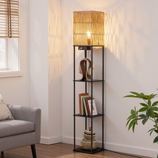 Floor Lamp with Shelves, 63.8" Rattan Square Standing Lamp And Usb Port