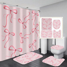 4Pcs Pink Bow Shower Curtain Set Cute Bathroom Shower Curtains with 12 Hooks Bow