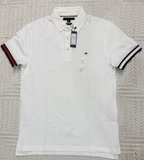Tommy Hilfiger Men s White Polo Shirt L Slim Fit Flag Logo Short Sleeve NWT