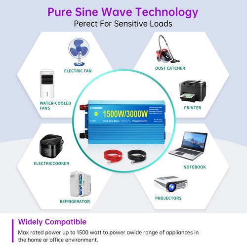 1500W Pure Sine Wave Inverter DC 12V to 110V AC Converter LCD Display AC Outlets - Picture 9 of 12