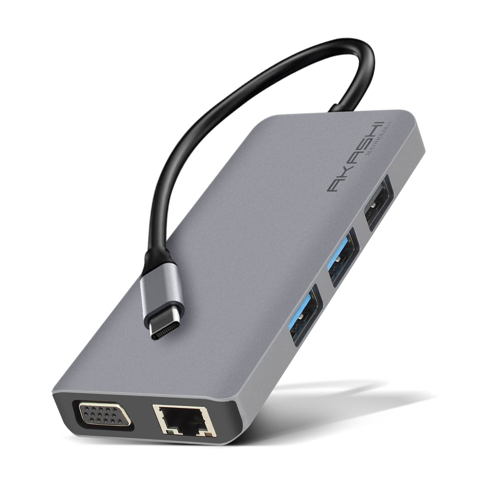 Hub USB-C Akashi triple USB et double affichage vidéo HDMI VGA pour bureau