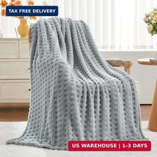 3D Waffle Checkered Flannel Throw Blanket, Light Grey, 50"x70"  Super Soft Cute