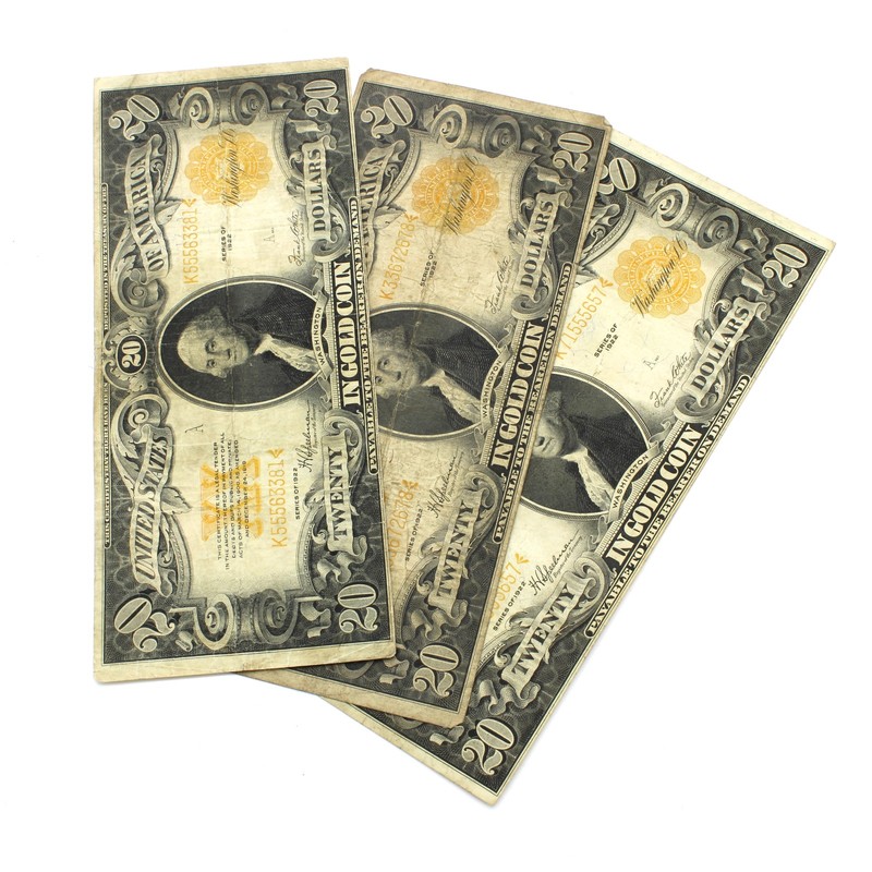 1922 Series $20 Gold Certificate United States Note No Reserve Lot of 3 #C923-1
