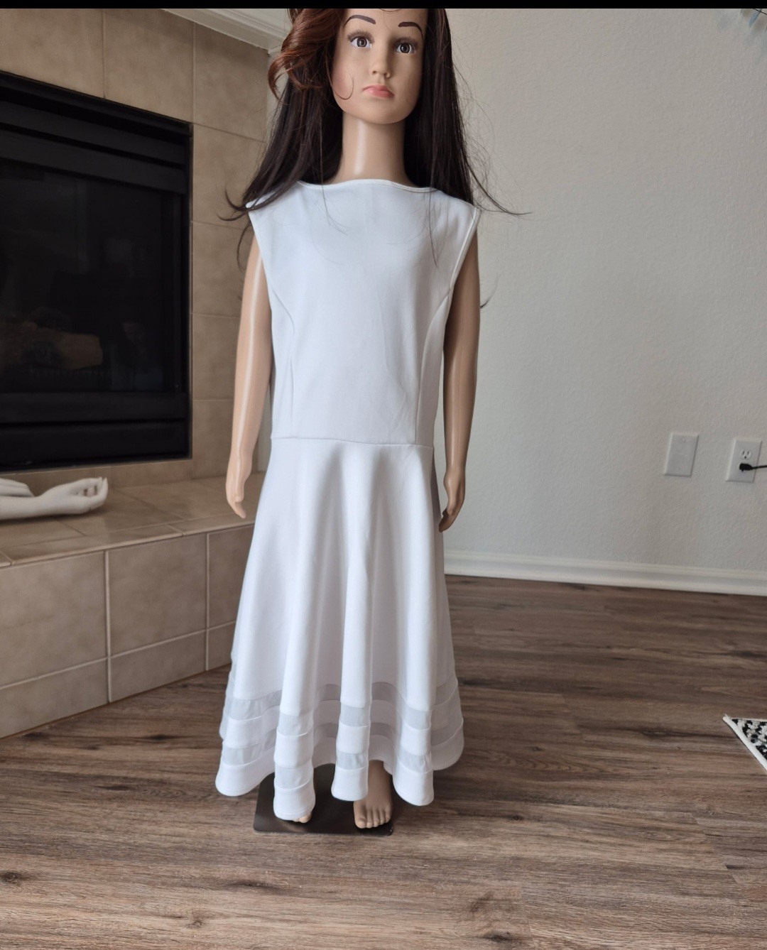 White Mesh Panel A-Line Midi Dress Sleeveless Round Neck Women's Size XS