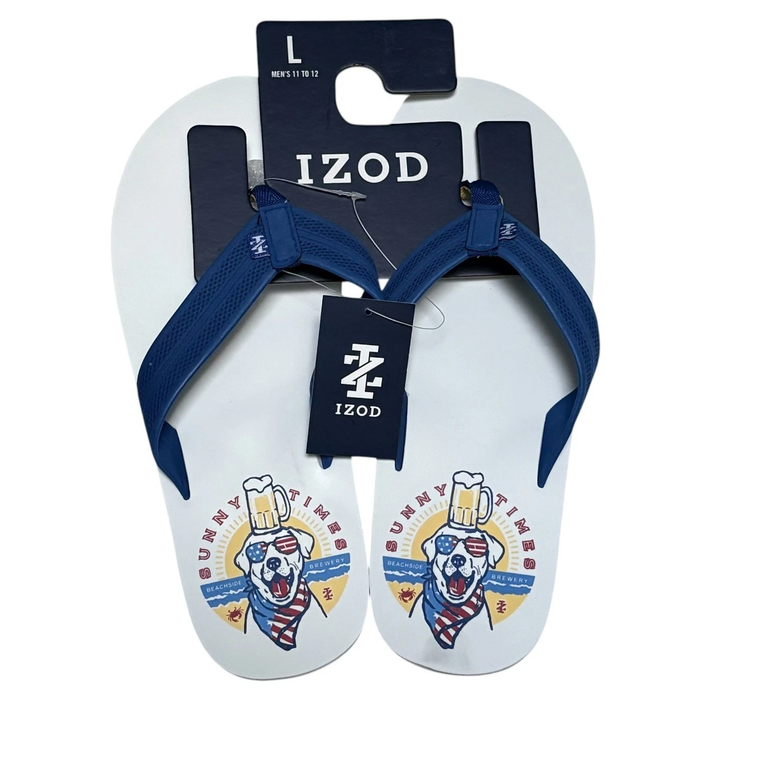 IZOD Mens Flip Flops Large 11-12 White Blue Sunny Times Brewery Dog Sandals NEW