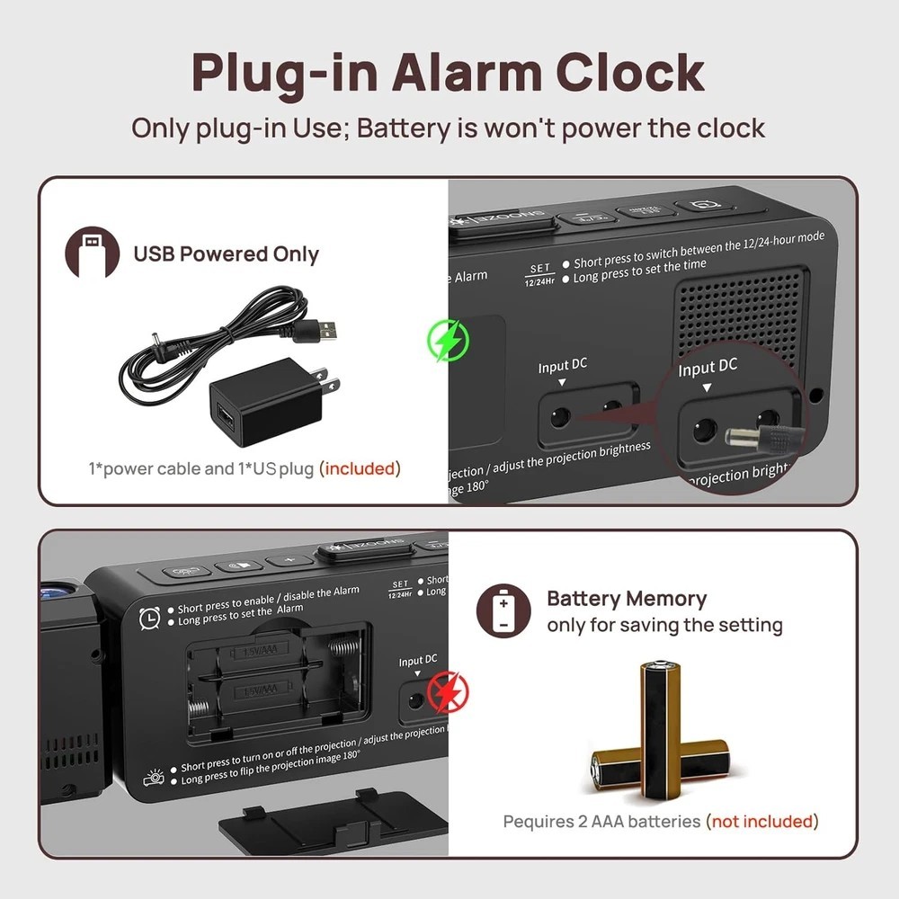 Projection Alarm Clock for Bedroom Ceiling, Compact Plug-in Digital Clocks with