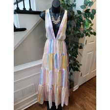 Fashion Nova Long Maxi Dress Womens S Yellow Combo Cinch Waist Tier Drop Stripe