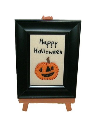Primitive ''Happy Halloween'' JOL mini framed stitchery-with wooden easel
