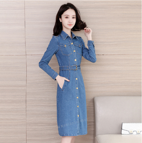 Womens Long Trench Spring Denim Jacket Jeans Single Breasted Coat Shirt Clothes - Picture 9 of 11
